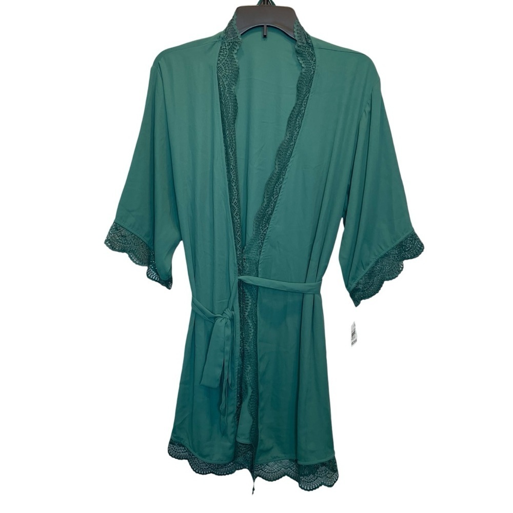 INC International Concepts Lace Trim Short Robe Smoke Pine Green Medium New - Picture 2 of 7